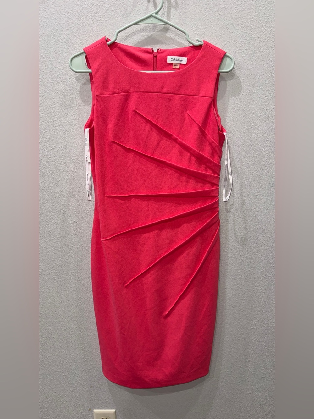 Calvin Klein Hot Pink Sleeveless Sheath Dress with Diagonal Pleats